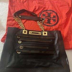 Tory Burch chocolate brown and Gold Tote with Structured Design